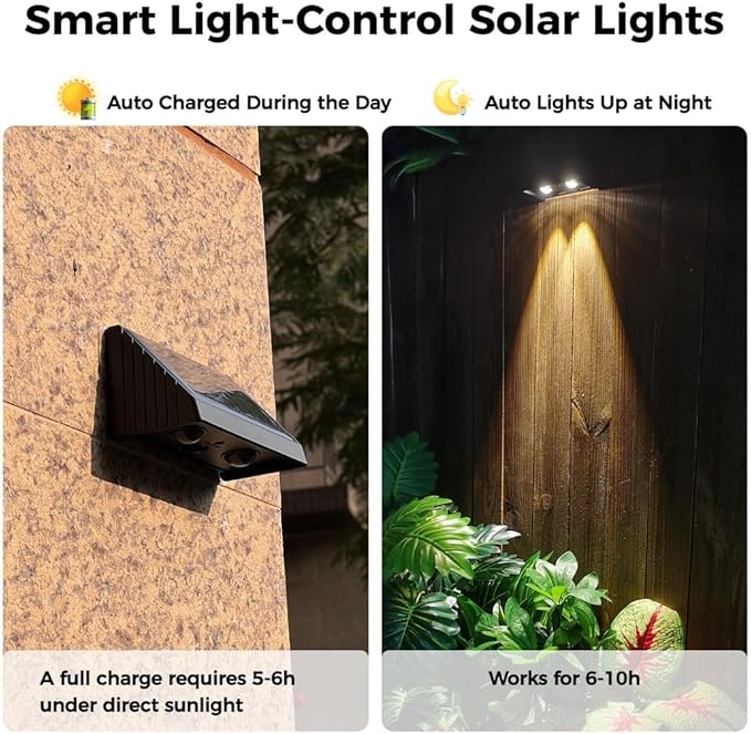 Bright Warm Outdoor Security Wall Lights Waterproof Led Solar Spotlights Solar Fence Lights 4 Packs with 1200Mah Battery Wireless Outdoor Patio Lights for Backyard Garden Porch