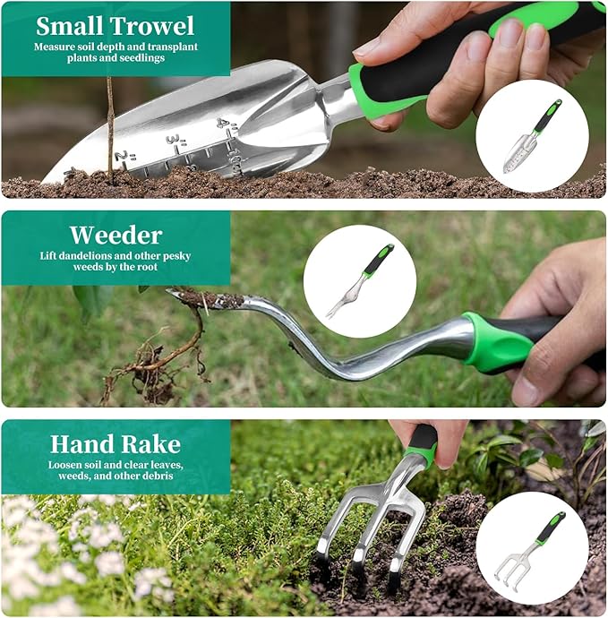 FAMILY'S BACKYARD Garden Tools for Women7 Piece Gardening Tool Set Aluminum Alloy Hand Tool Starter Kit with Garden BagGardening Gifts for Women and Man.
