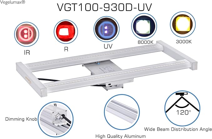 100W LED Grow Light BarUV IR Diodes IncludedSunlike Full Spectrum Growing Lamp for Horticulture Indoor Plant Growth Veg Flowering Fruiting3300KAluminum Heat SinkPower Dimmable