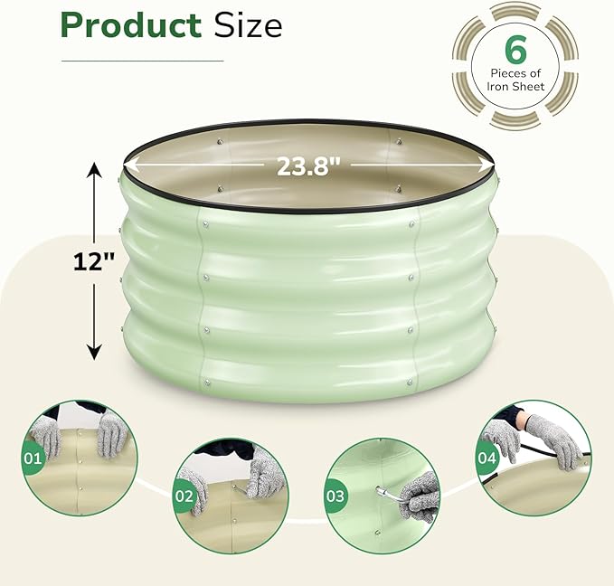 GreatBuddy 2x2x1 ft Round Galvanized Raised Garden Bed Easy-Assembly Raised Bed with Anti-Cut Gloves &amp Tools Rust-Proof Garden Bed for Outdoor Vegetables Herbs Small Trees Green