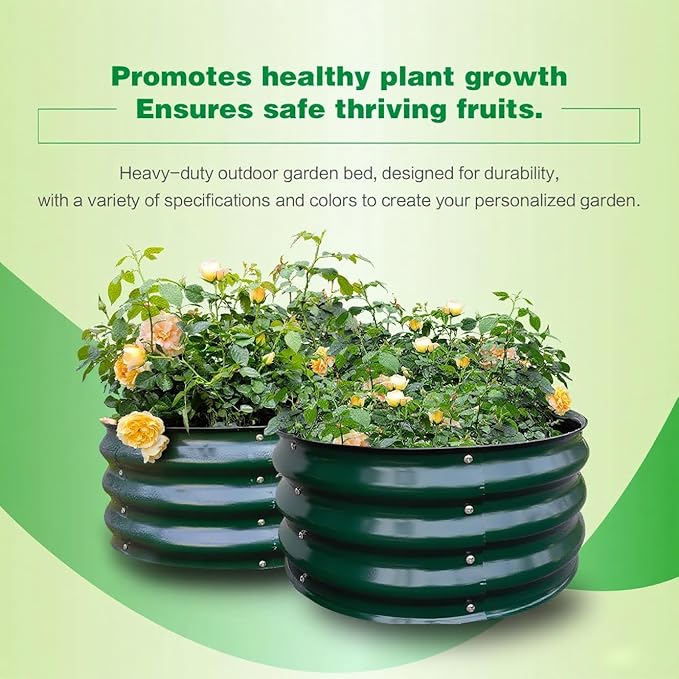 GARDMAX 2 Pack 2x2x1FT Galvanized Round Raised Garden Bed Kit Metal Planter Boxes Outdoor with Easy Assembly Large Garden Bed for Vegetables Fruits Flower Herbs Dark Green