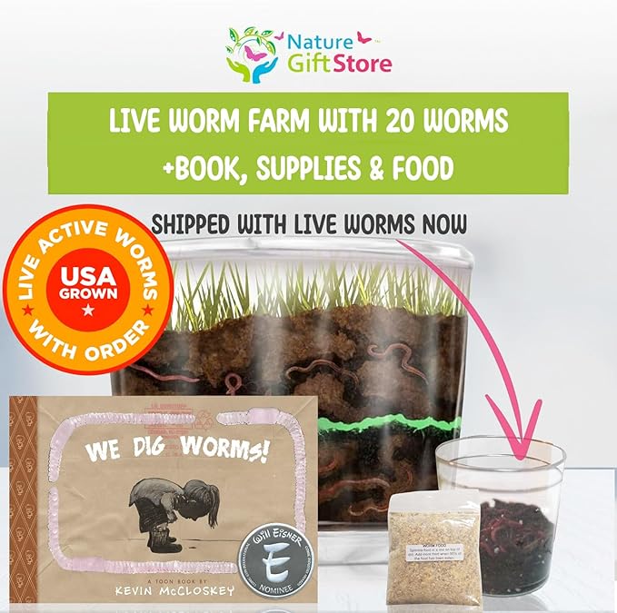 Worm Farm for Kids Shipped with Live Worms Food &amp Book - Worm Farm Kit with Ecosystem Soil Mixing Sand Magnifying Glass &amp More