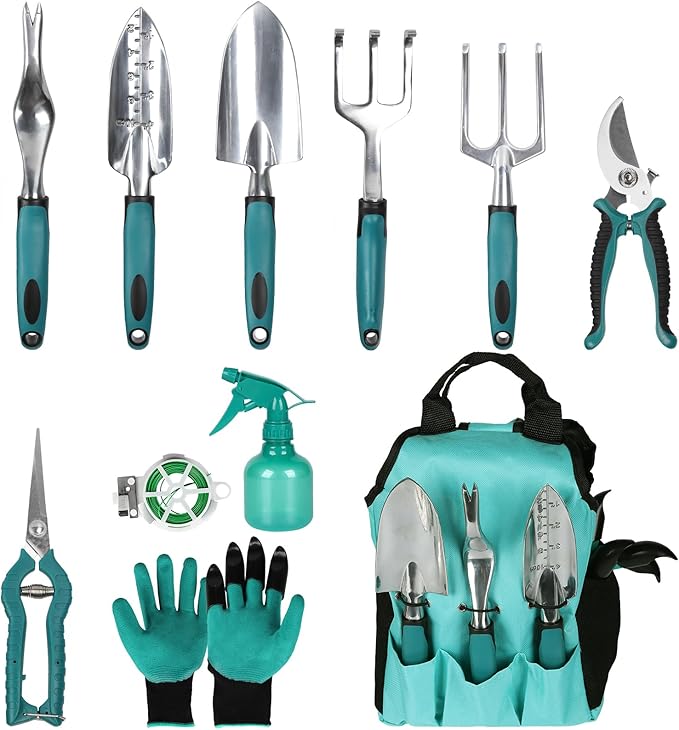 Garden Tools Gardening Tool Set with Non-Slip Handles Lightweight Aluminum Alloy Rust-Proof Gardening Hand Tools with Gloves Ideal Gardening Tools Gifts for Women and Men (11 Pcs)