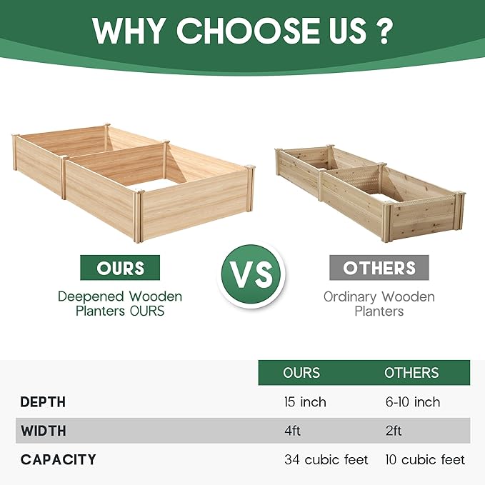 SPECRAFT 15 Inch Depth 8x4 FT Deep Wooden Raised Garden with Open Base Extra Large Planter Box for Deep-Rooted Plants Ideal for Outdoors Patio Backyard