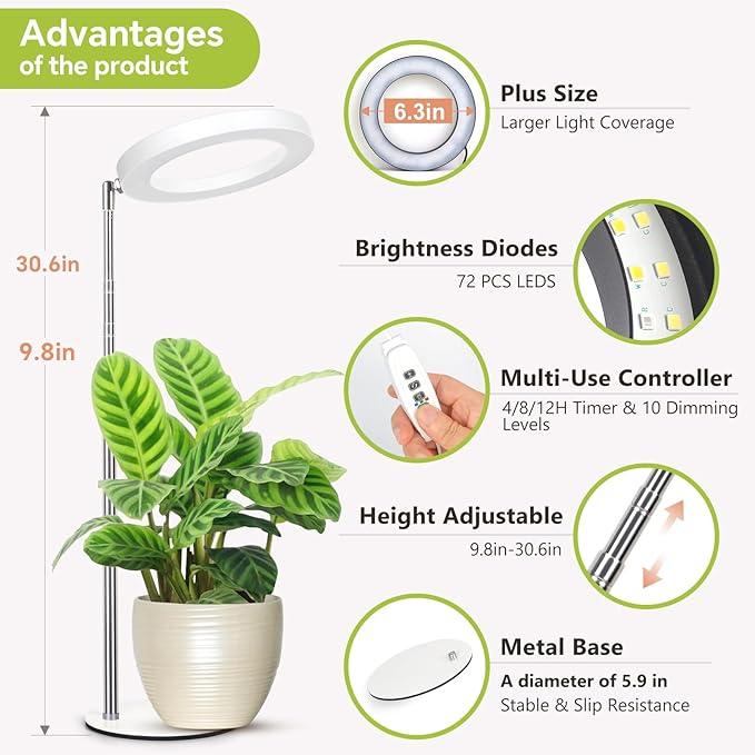 Desktop Grow Light Height Adjustable Grow Lights for Indoor Plants Full Spectrum 3 Lighting Mode Halo Grow Light with Timer Plant Lights for Indoor Growing (White)