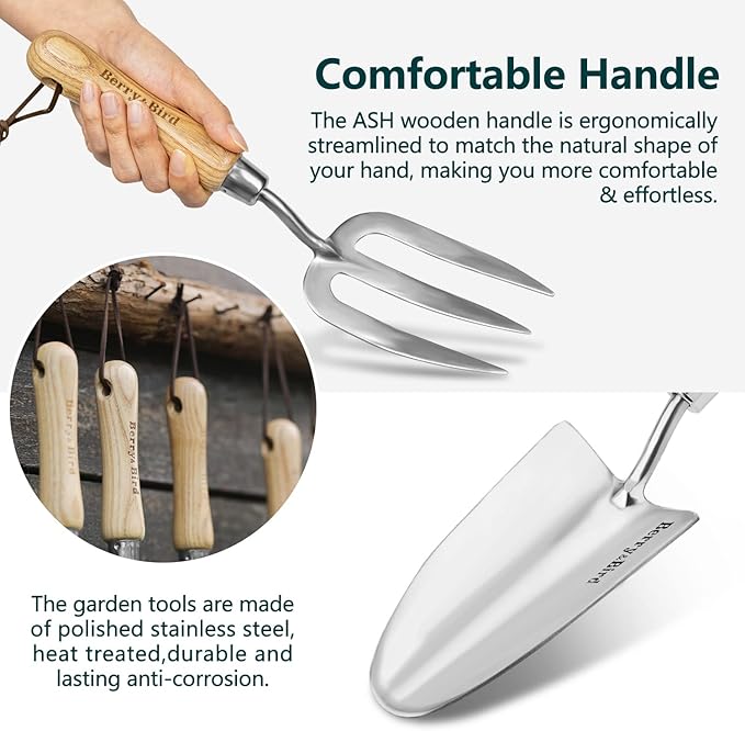 Berry&ampBird Garden Tool Set- 3PCS Stainless Steel Gardening Tool Sets with Wooden Handle Trowel Weeding Fork &amp Digging Shovel Hand Tool Kit for Planting Ideal Gardening Gift for Women &amp Me