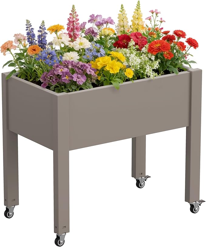 Raised Garden Bed with Legs 26.3 Tall Elevated Planter Box with Drainage Holes Water Gauge Lockable Wheels Weatherproof Resin Design for Vegetables and Flowers for Backyard Patio Balcony(Gray)