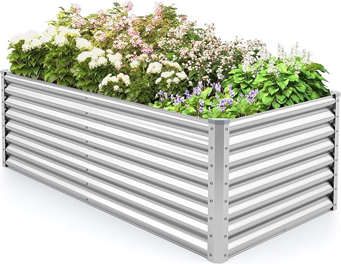 Rectangular Raised Garden Bed Galvanized Garden Planter with Open Bottom Sprayed Plate &amp Corner Protectors Outdoor Metal Planter Box for Vegetables Flowers &amp Herbs (Sliver)