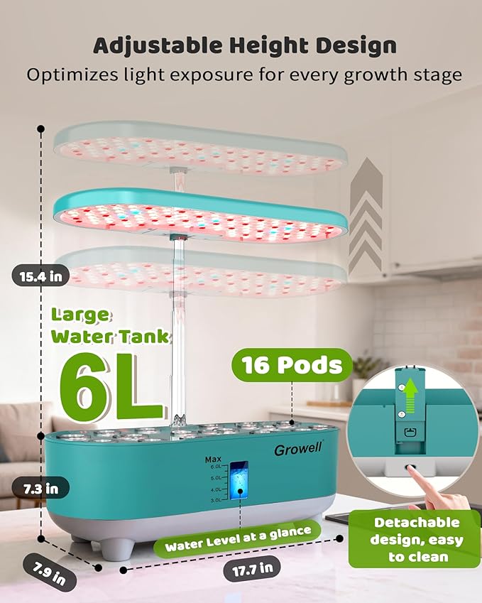Hydroponics Growing System Kit 16 Pods Vertical 8L Indoor Gardening System for Herb Vegetable Fruit with LED Grow Light Smart Water Circulation 3 Light Modes &amp 2 Timer Green
