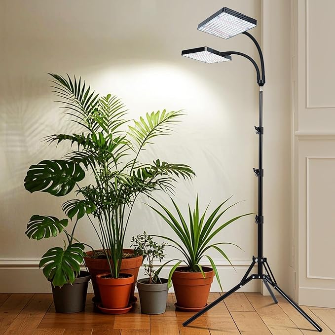 2Head Grow Light with Stand 50 Watt Grow Lights for Indoor Plants Natural Sunlight Full Spectrum Plant Growing Lamps for Tall Houseplants &amp Bonsai Tree 4/8/12/16/20H 5-Mode Timer