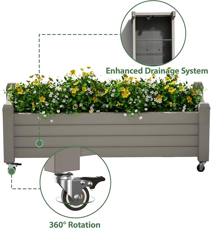 Raised Garden Bed with Wheels Outdoor Resin Planter Box with Drain Hole and Water Level Detector for Backyard Patio Balcony Gray (13.3 h)