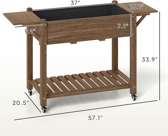 Strong Wood Raised Garden Bed with Lockable Wheels Side Benches Bottom Level Shelf Efficient Drain Holes Charred Finish