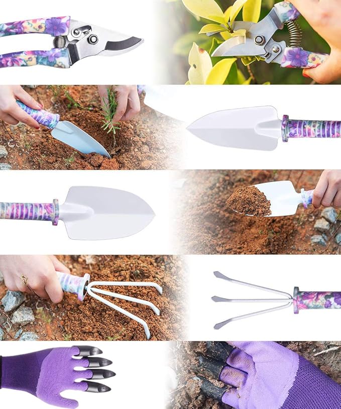 6 Pieces Garden Tools Set Planting Tools Non-Slip Handle with Anti-Rust Trowel Cultivator Pruning Shear Water Sprayer and Carrying Case Gloves with Claws
