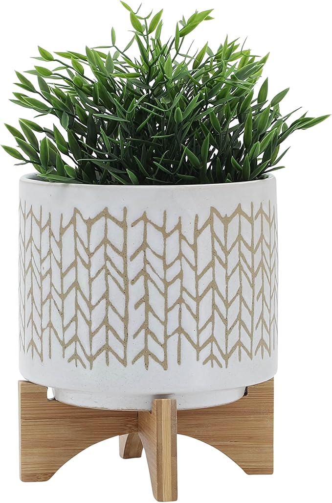 8 Planter W Wood Stand Beige