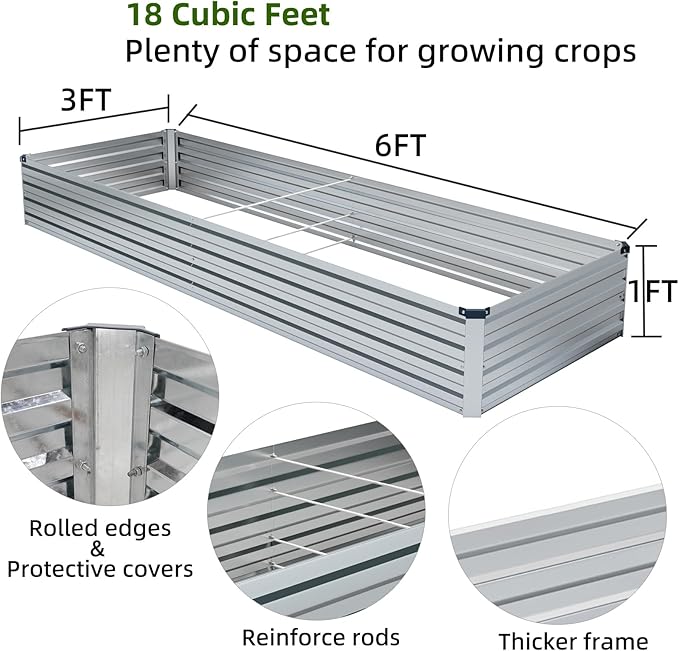 3 Pack 6x3x1FT Galvanized Raised Garden Beds Kit Outdoor Metal Gardening Planter Box for Vegetable Elevated Flower HerbsSilver