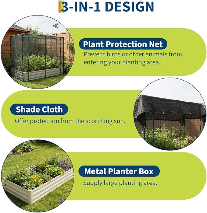 8X4x1 Ft Galvanized Raised Garden Bed with Cover Metal Planter Box with Plant Protection Net and Shade Cloth Bottomless Outdoor Garden Bed for Vegetables Flowers Herbs Durable Large Planter
