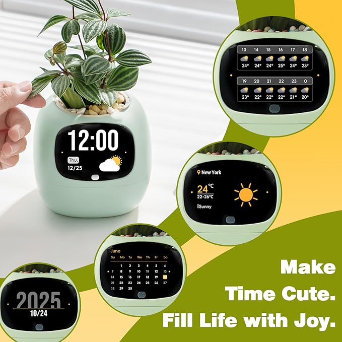 Smart Planter with App Control Self-Watering AI Plant Pot with LCD Display Interactive Desk Plant Companion for 100+ Plants Smart Indoor Planter with Pomodoro Timer80ml ReservoirCalendar-Green