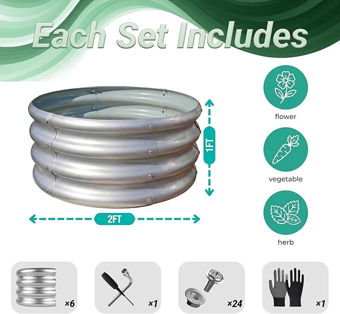 2x2x1 FT Round Galvanized Raised Garden Bed Kit OutdoorGarden Bed for Vegetables Fruits Flowers(Silver2PCS)
