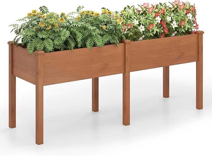 HAPPYGRILL Raised Garden Bed Outdoor Planter Raised Bed w/Drainage Holes Divider Panel 6 Supporting Legs Elevated Wood Planter Box for Backyard Patio Balcony 73” x 23” x 30” (L x W x H) (Brown)
