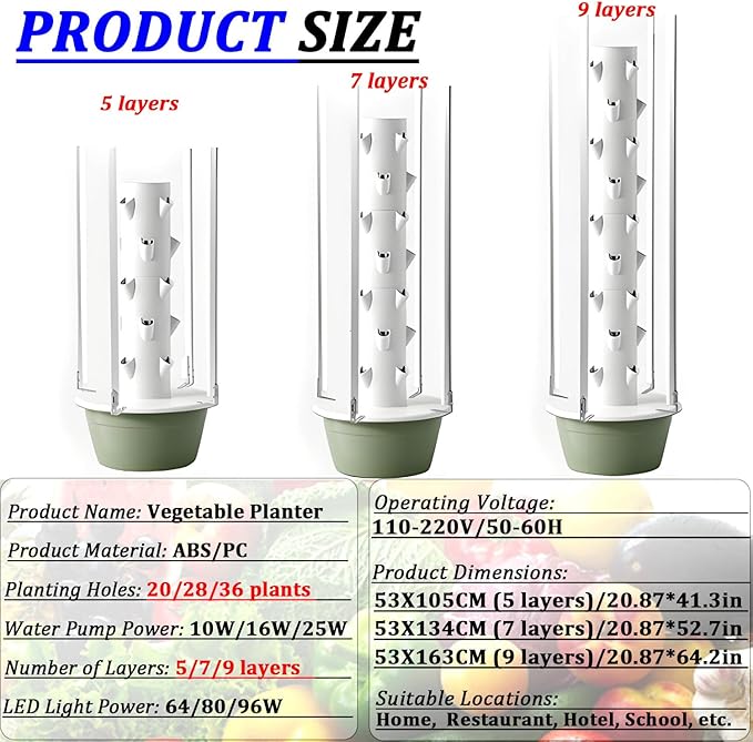 Vertical Hydroponic Tower20/28/36 Pods Tower Garden Growing System with Led Grow Lights for Hydroponic Gardening Lovers Planting FlowersVegetables Fruits 9layers