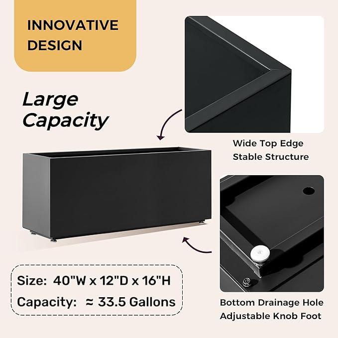 40Wx12Dx16H Metal Planter Raised Garden Bed Rectangular Planter Box for Outdoor Plants Vegetables &amp Vines Features Drainage Holes &amp Adjustable Feet Easy Assembly Black