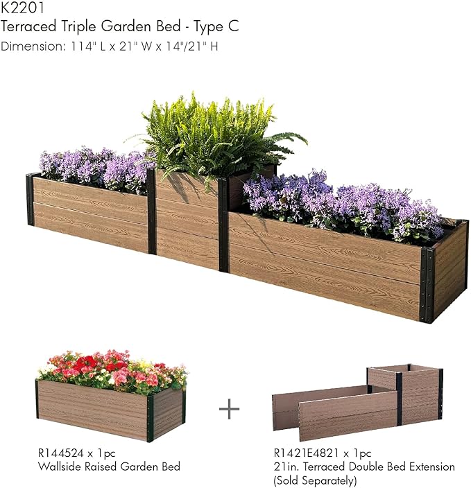 Everbloom Modular Wallside Wood Plastic Composite Raised Garden Bed with Open Bottom 45” L x 24” W x 14” H-Revitalize Your Green Space with The Ultimate Yard Planters for Veggies Flowers&ampHerbs