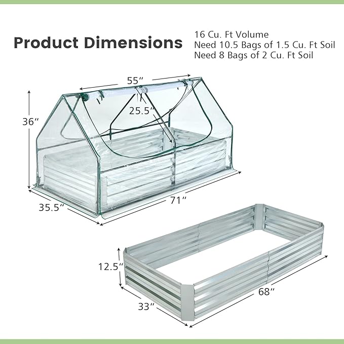 Giantex Galvanized Steel Raised Garden Bed with Mini Greenhouse Outdoor Metal Planter Box Kit with Large Roll-up PVC Cover 71x 35.5x 36 Planter Raised Bed for Growing Flower Herb Vegetable Fruit