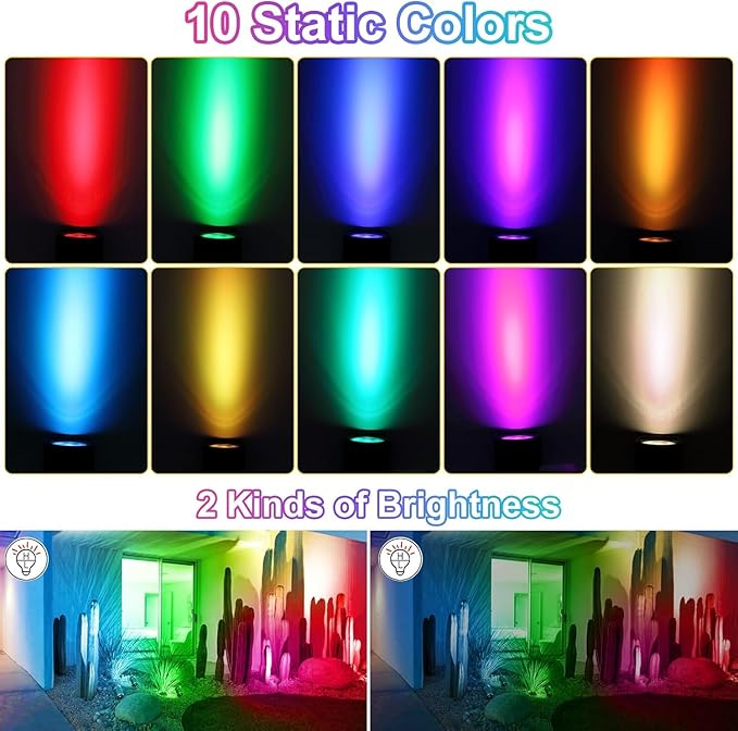 CLY Solar 6 in 1 RGB Spotlights Outdoor Garden 10 Colors 12 Modes Solar Garden Floodlight Landscape Spotlights IP66 Waterproof 59.06ft Cable Spike Light for Lawn Patio Balcony