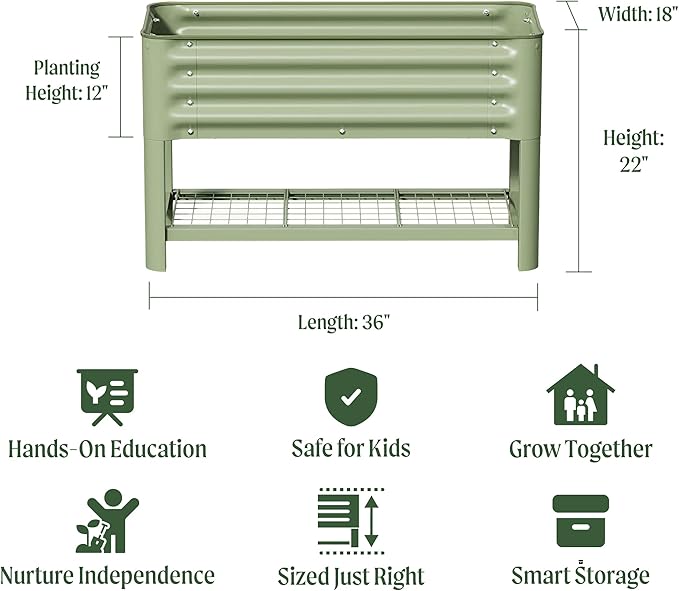 Elevated Raised Garden Bed for Kids 16(W) x 36 (L) x 22(H) Outdoor Planters Box with Legs &amp Storage Rack Solid &amp Safe Raised Beds for Gardening Herbs Vegetables Flowers Pearl White