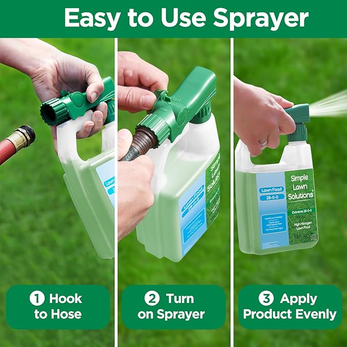 Maximum Green &amp Growth Fertilizer High Nitrogen 28-0-0 Liquid Lawn Food Spray Spring &amp Summer- Any Grass Type- Simple Lawn Solutions - Concentrated Quick &amp Slow Release Attached Sprayer (3