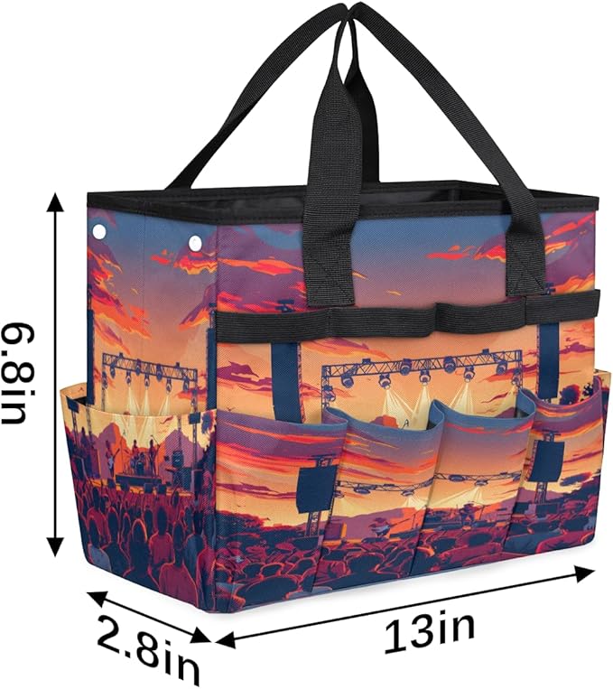 Sunset Music Festival Pattern Garden Tool Bag for Women Men Garden Storage Tote Bag with 10 Pockets &amp Handle Gardening Tool Organizer for Garden Patio Indoor Outdoor