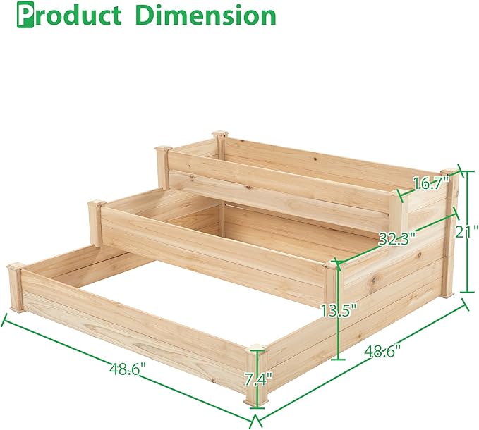 GERRIT 48.6 x 48.6 x 21inch 3 Tier Raised Garden Bed Horticulture Outdoor Elevated Flower Box Wooden Tiered Garden Bed Vegetables Growing Planter for Backyard/Patio/Gardener (Natural)