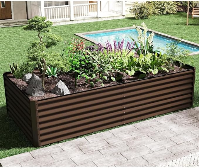Heavy-Duty Galvanized Steel Raised Garden Bed for Outdoor Vegetable Fruit and Flower Planting – Rust-Resistant Metal Planter Box (Brown - 8x4x2 ft)