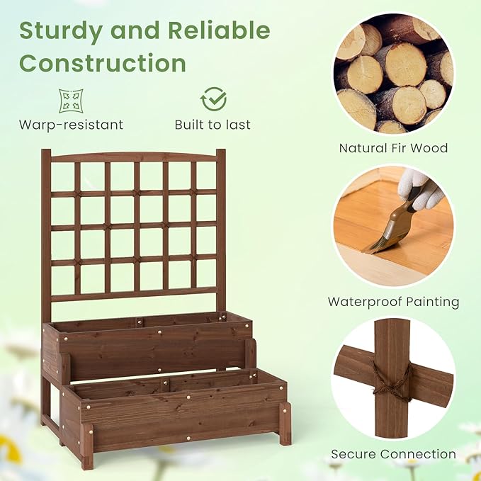 Byroce Outdoor Raised Garden Bed Garden Planter Box with Lattice Trellis Legs &amp Drainage Hole 2-Tier Standing Elevated Planter for Flower Fruit Vegetable &amp Climbing Plants in Patio Balco