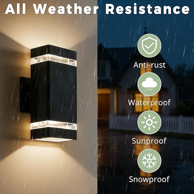 Square Outdoor Wall Lights 2 Pack Up and Down LED Porch Lights Aluminum Exterior Lighting Fixtures with 2 * 7W Bulbs 3000K Waterproof Outdoor Sconces Wall Lighting for House Porch Garage Black