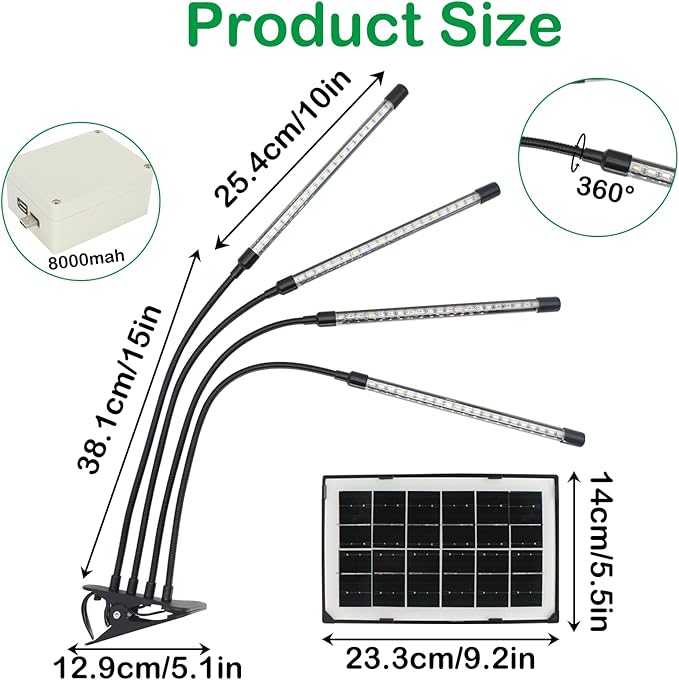 LED Grow Lights for Plants with 3/9/12H Timer Solar Plant Grow Light Battery Powered UV Grow Lights for Indoor Plants Adjustable Gooseneck Suitable for Vegetation Run Day/Night