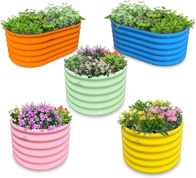 A ANLEOLIFE 5-Pack 18in Tall Kids Mini Raised Garden Beds Outdoor 40x24in Oval &amp 24x24in Round Galvanized Metal Planter Box for Planting Vegetables Flowers Fruits Eco-Safe &amp Easy Setup