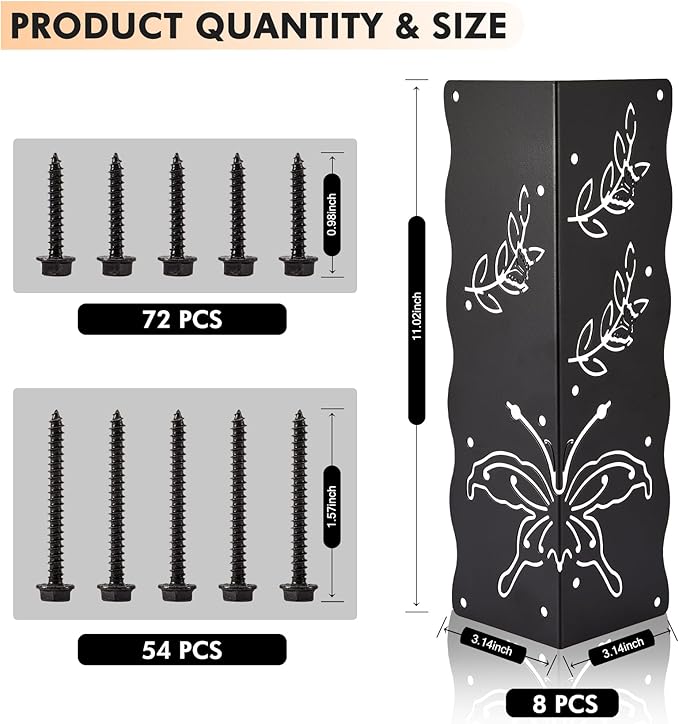 Set of 8 Decorative Raised Garden Bed Corner Brackets with Short/Long Screws for 12''-24'' Bed Box Black Metal Corner Braces 11 x 3 x 3 for Vegetable Planter Garden