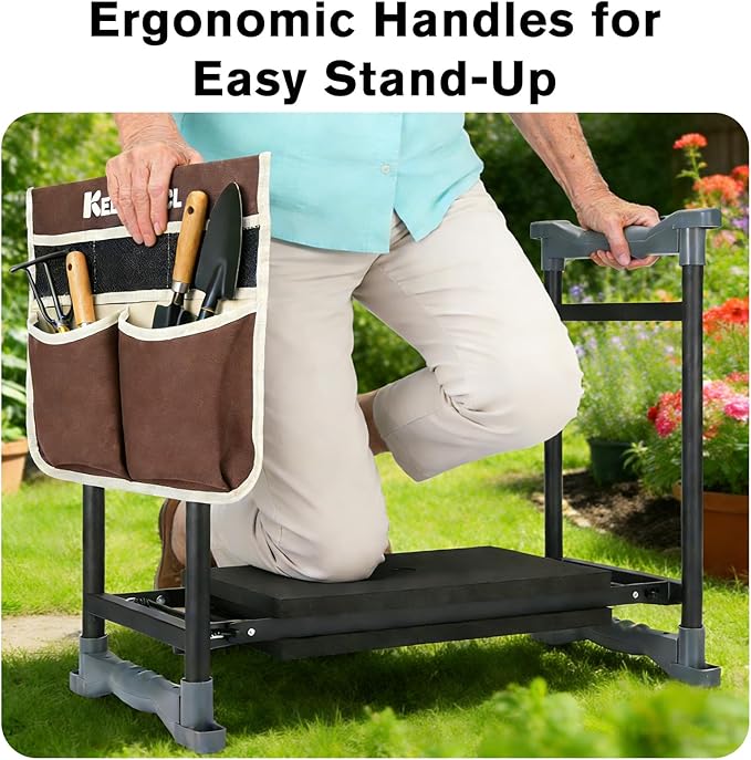 Garden Kneeler and Seat with Umbrella 2-in-1 Foldable Gardening Stool with Adjustable Bracket Detachable Tool Bags Heavy Duty Kneeling Pad for Gardening (Brown)