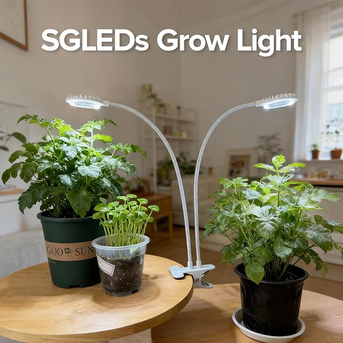 Dual Head Clip Plant Grow Light with Timer 22W Full Spectrum Adjustable Light 3/6/12H Auto On/Off 10 Dimmable Levels Flexible Gooseneck for Indoor Plants