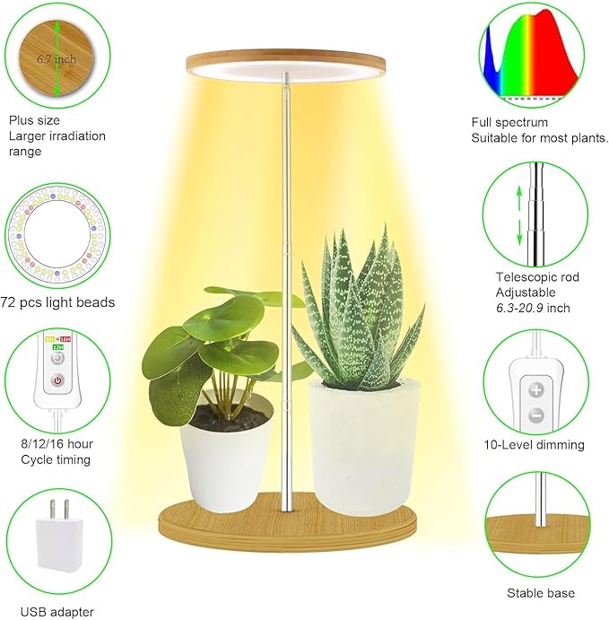 yadoker Plant Grow Light for Indoor Plant Bamboo Mini LED Grow Light GardenHeight AdjustableAutomatic Timer with 8/12/16 Hours