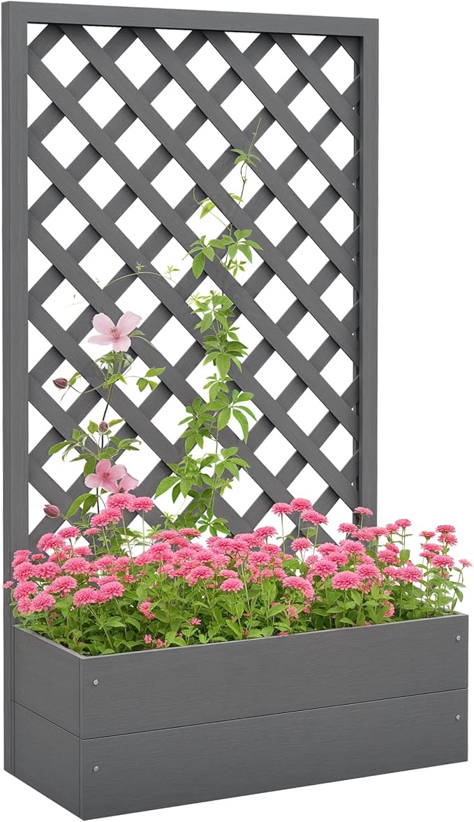 Outsunny Raised Garden Bed with Trellis Lattice Wood Planter Box with Self Draining Gap Freestanding Trellis Planter for Climbing Plants Vines Flowers 29.5 x 13.25 x 53.25 Dark Gray