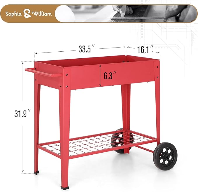 Sophia &amp William Planter Raised Beds with Legs and Wheels Outdoor Metal Planter Box Elevated Garden Bed with Lower Shelf for Vegetables Flower Herb Red