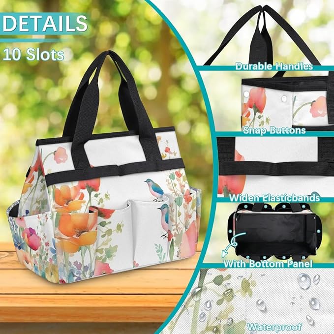 Garden Tool BagFloral Spring Flowers Bird Gardening Organizer Bag With Pockets Garden Tool Kit Storage Tote for Women Men Garden Tool Set Holder