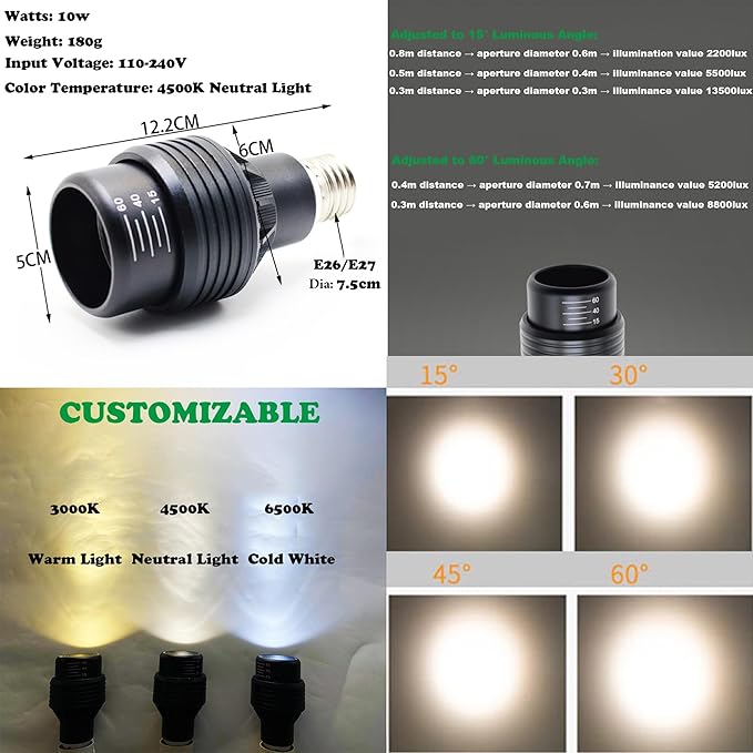 Full Spectrum 10W LED Focusing Grow Spotlight Bulb Plant Grow Light for H-Type Track Adjustable Gimbaled Light Boho Style Brown Twine Natural Rattan Mushroom for Green House Customizable