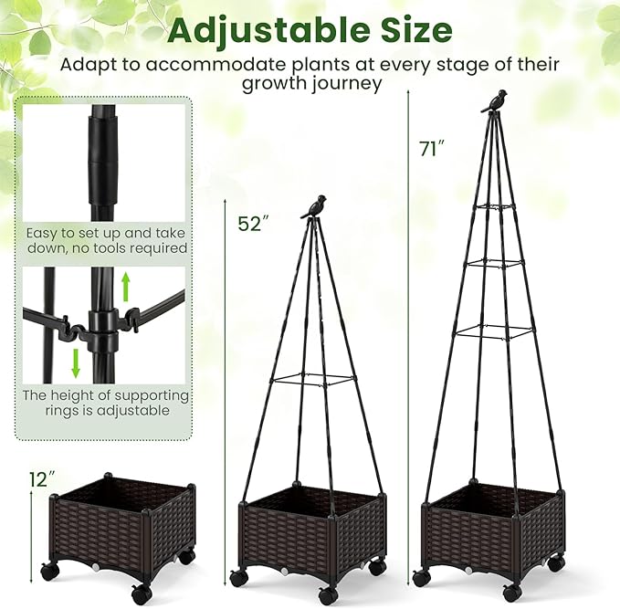 Giantex Raised Garden Bed with Wheels &amp Tomato Cage Self Watering Planter Box with Obelisk Trellis Adjustable Height Indoor Outdoor Planter for Climbing Plant Flower Vegetable Fruit (1)
