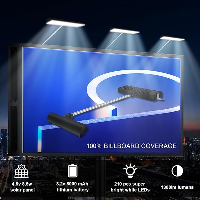 Solar Sign Light Billboard Light Solar Powered 210 LED 1300 LM Lights for Outdoor Signs Waterproof Black