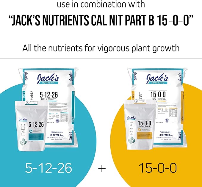 Jack's Nutrients 5-12-26 Part A Water-Soluble Fertilizer for Growth of Leaves and Strong Roots in Plants Grown in Continuous Liquid Feed Programs 25lbs