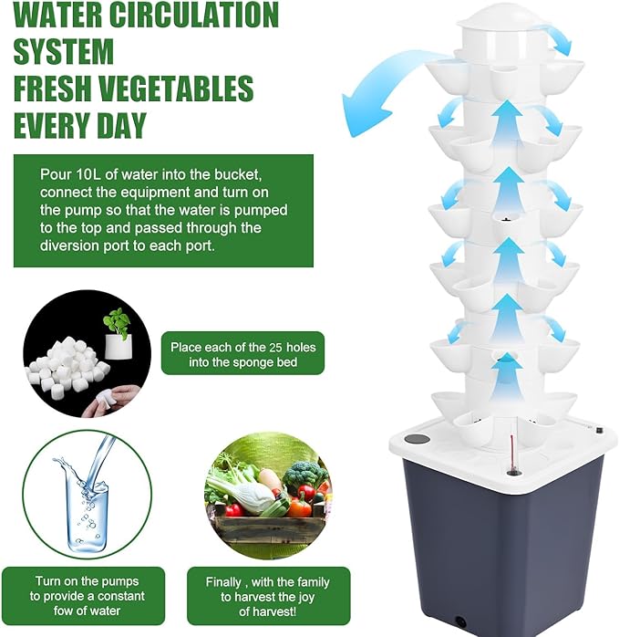 Balcony Hydroponic Tower Garden 25-Plants Hydroponics Growing System Kit for Beginners Home Indoor Gardening Herbs Fruits and Vegetables Automatic Watering