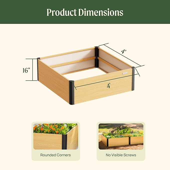 Vego garden Woodgrain Series Raised Garden Bed 16'' Tall 4' x 4' Wooden-Look Metal Planter Box Outdoor for Gardening Vegetables Flowers Herbs